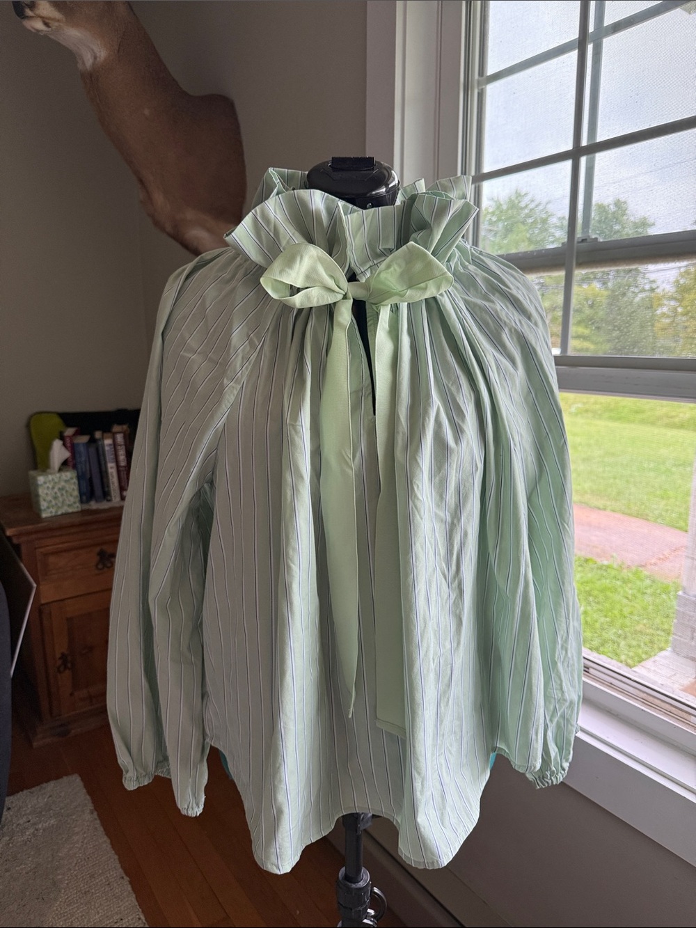 Mint Green Striped Ruffle-Neck Blouse with Bow Tie